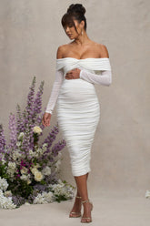 White Bardot Twist Maternity Midi Dress